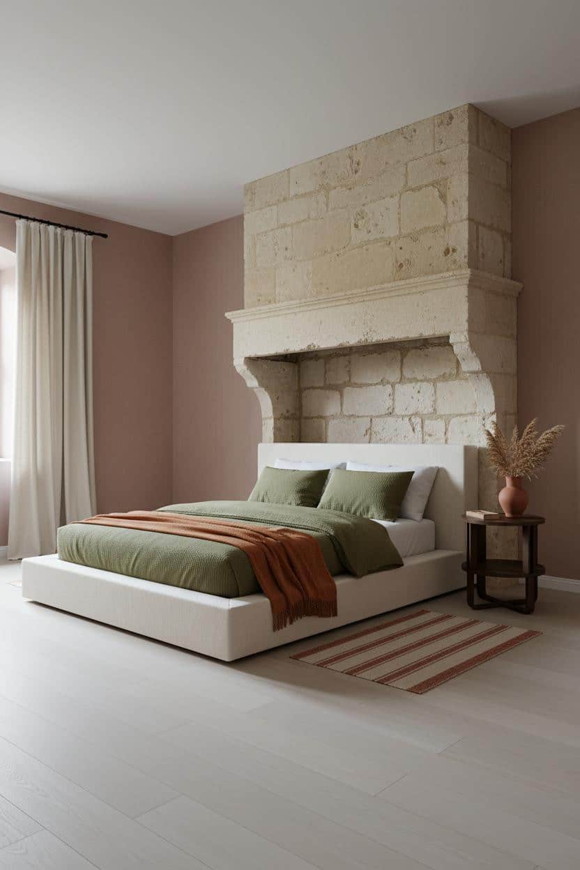 English Cottage Bedroom Stone Fireplace Vintage