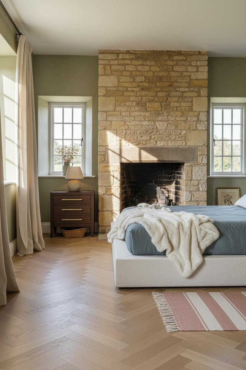 English Cottage Bedroom Stone Fireplace Vintage