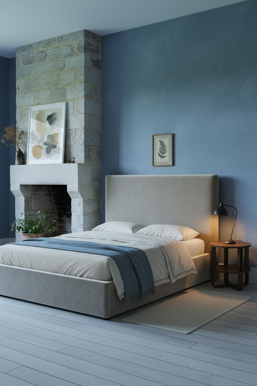 English Cottage Bedroom Stone Fireplace Vintage