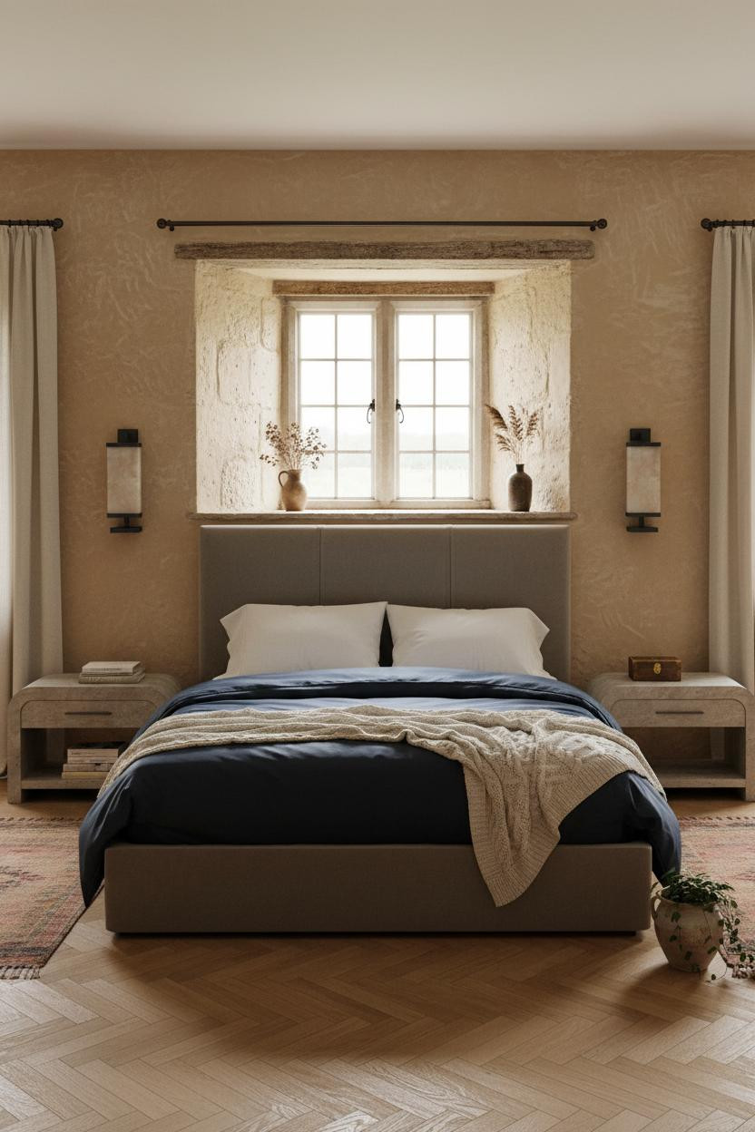 English Cottage Bedroom Stone Window Linen