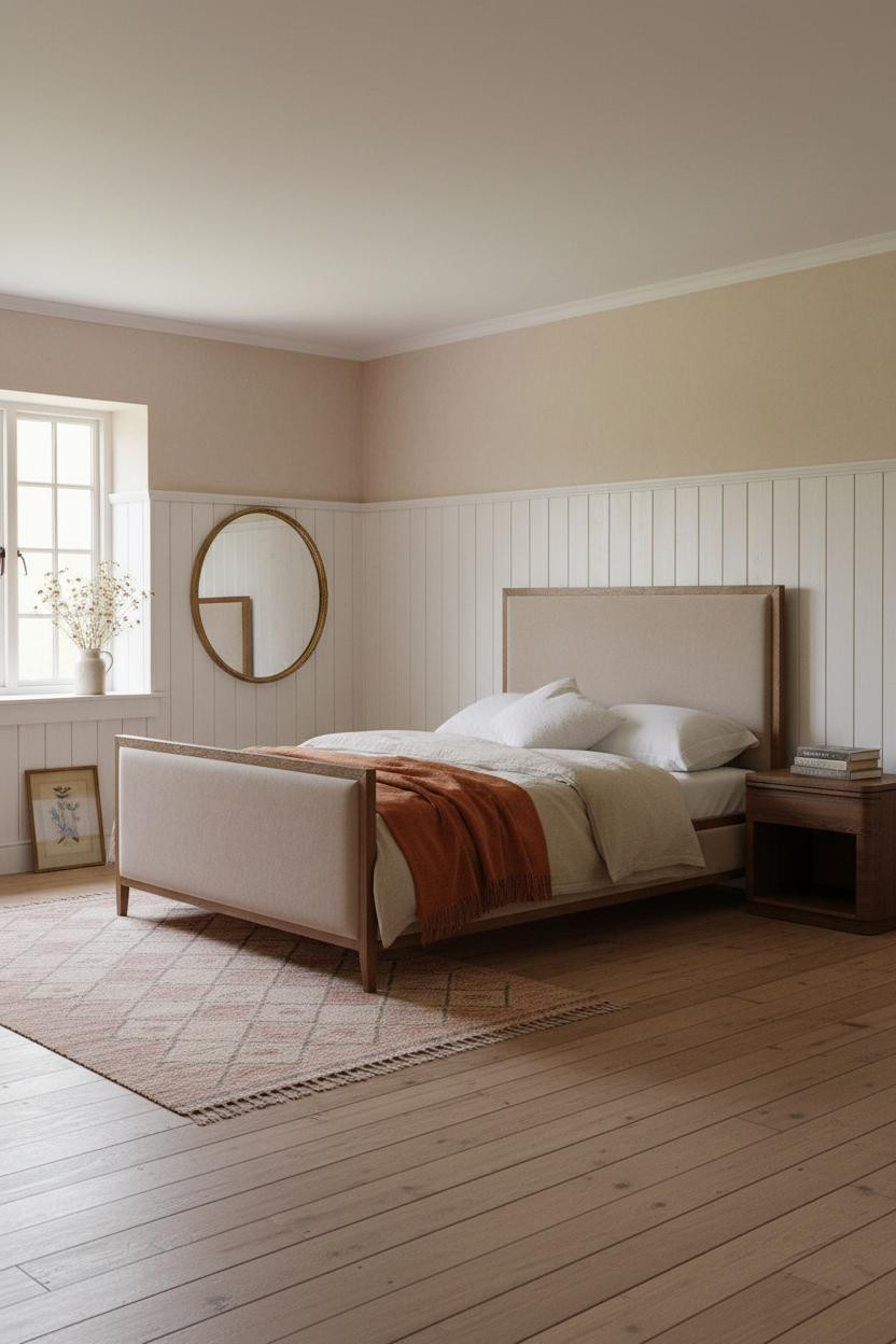 English Cottage Bedroom Whitewashed Wainscoting