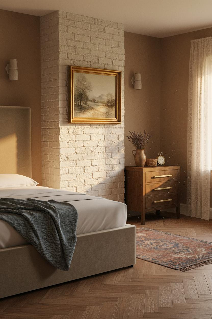 English Cottage Bedroom Whitewashed Brick