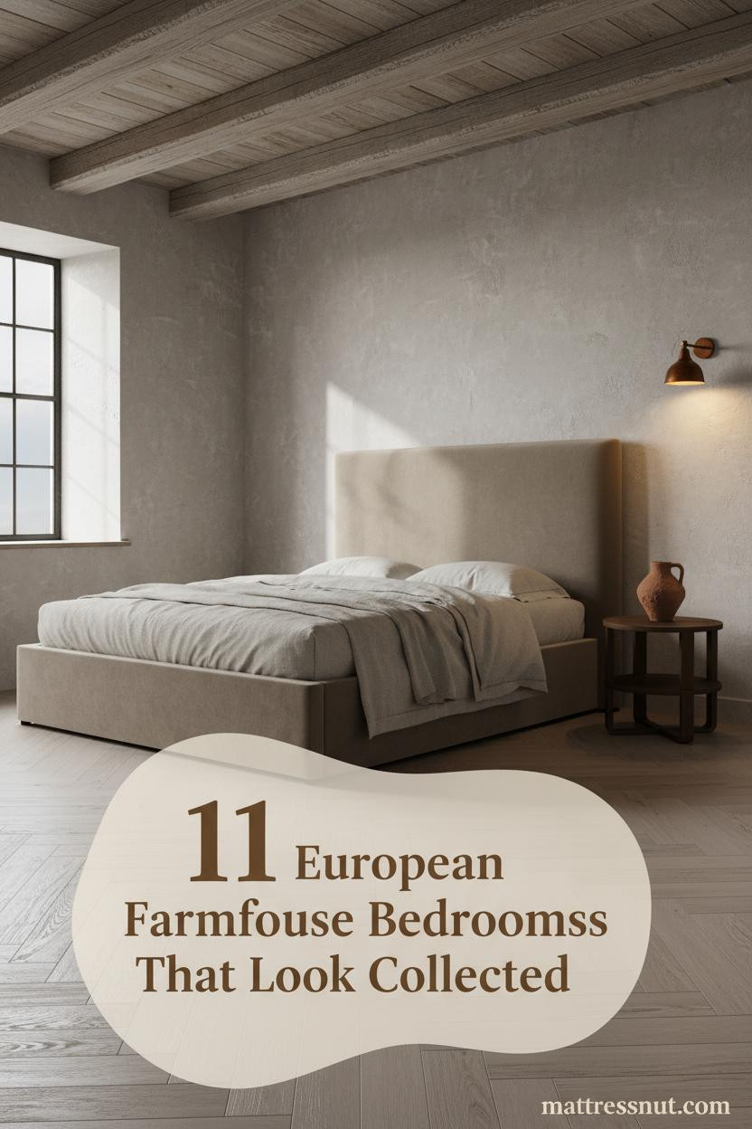 European farmhouse bedroom with limewash plaster walls, hand-hewn beams, raw linen bedding, terracotta vessel, and warm amber sconce lighting