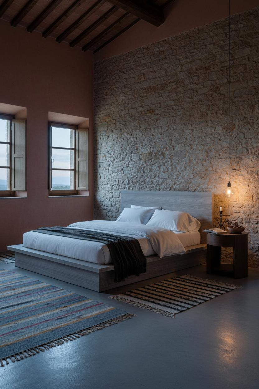 European Farmhouse Bedroom Stone Accent Wall