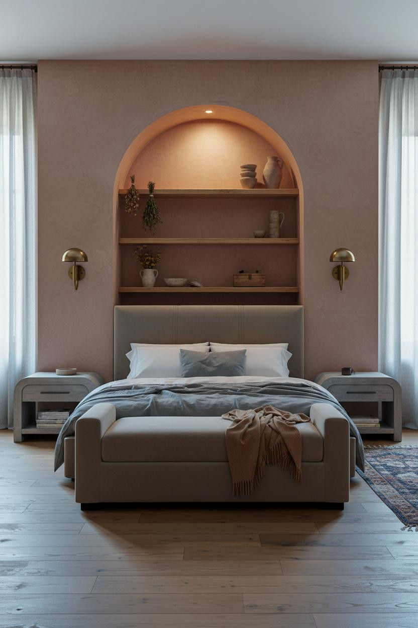 Farmhouse Bedroom Alcove Shelves Pottery