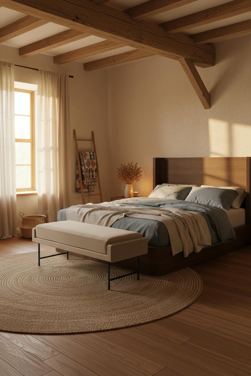 Farmhouse Bedroom Exposed Beams Morning Light