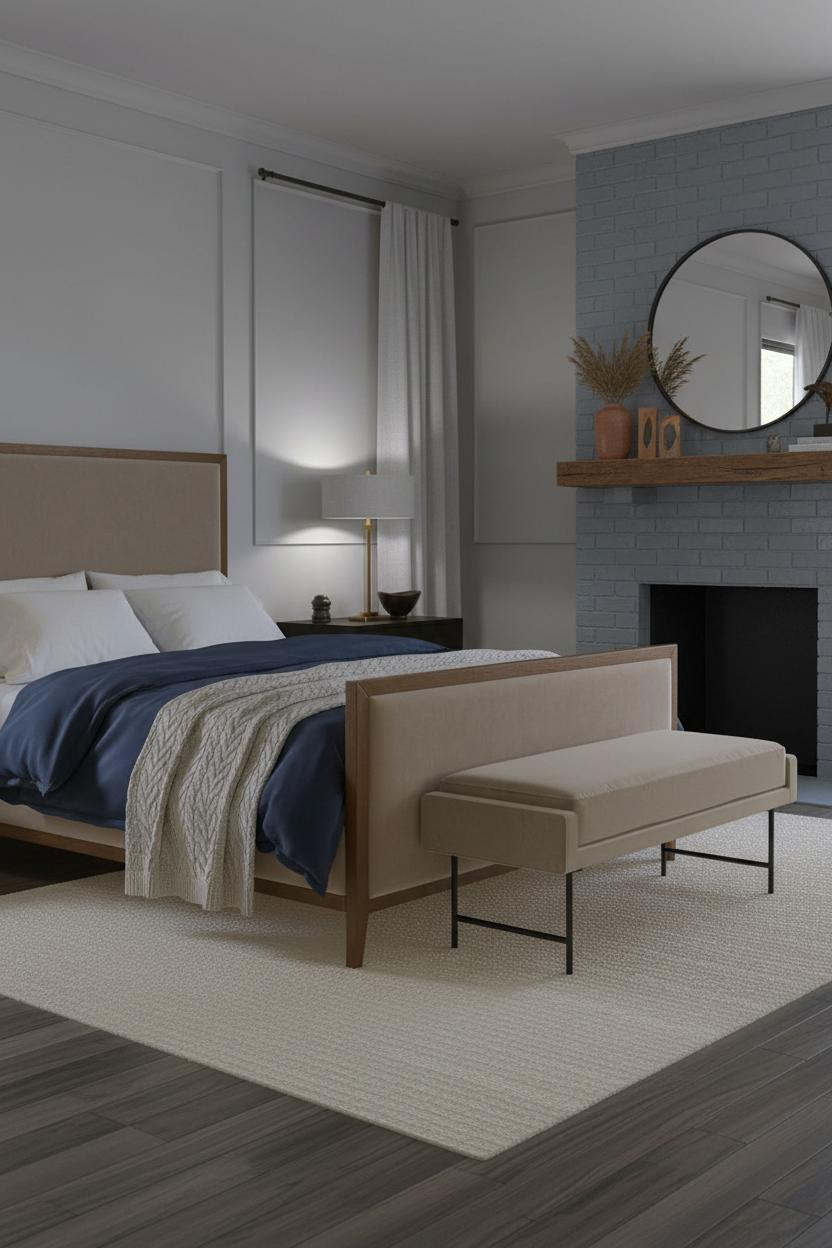Farmhouse Bedroom Fireplace Brick Neutral