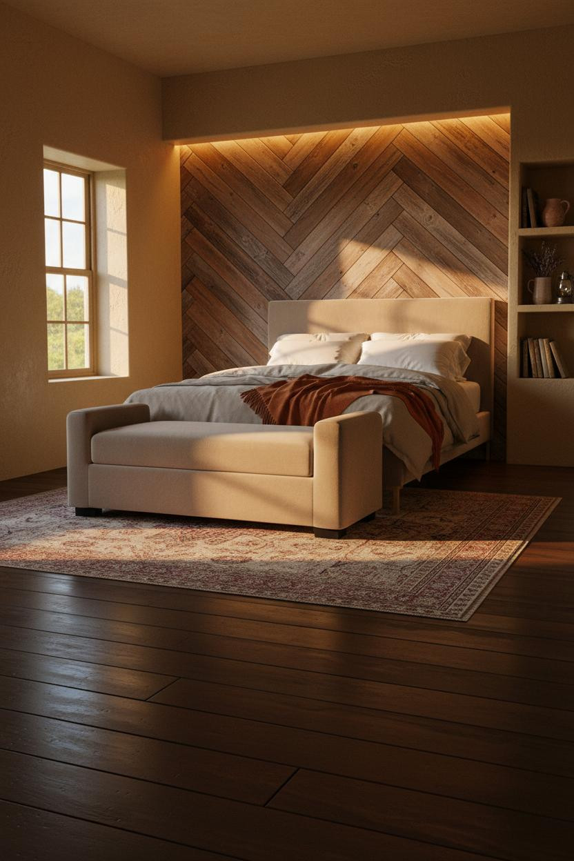 Farmhouse Bedroom Herringbone Wood Accent Wall