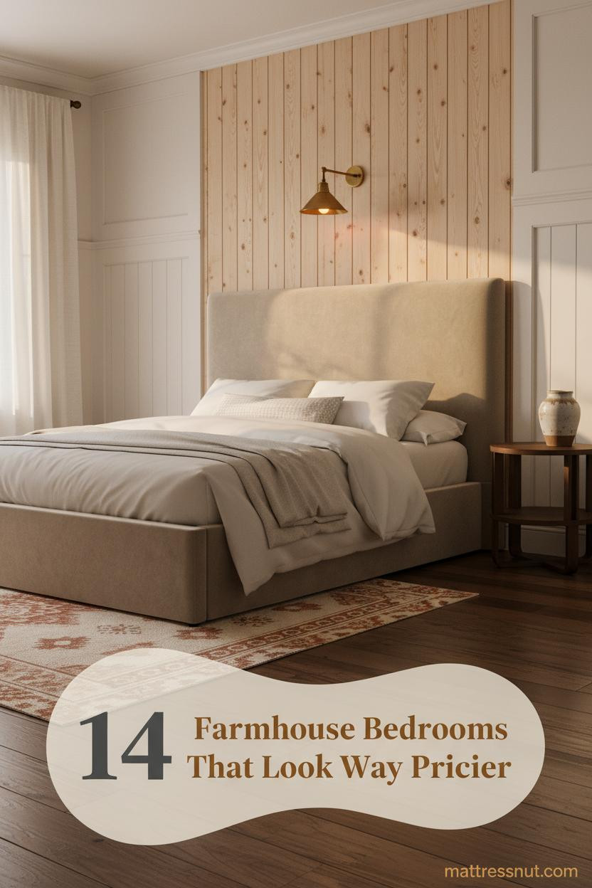 Farmhouse bedroom with pine panel feature wall, board-and-batten, dark walnut floors, brass sconce, ivory bedding, and rust flat-weave rug