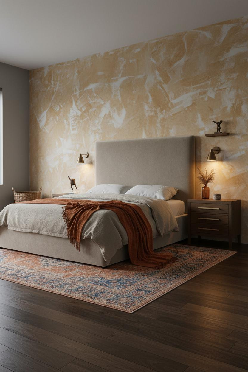 Farmhouse Bedroom Plaster Wall Vintage Rug