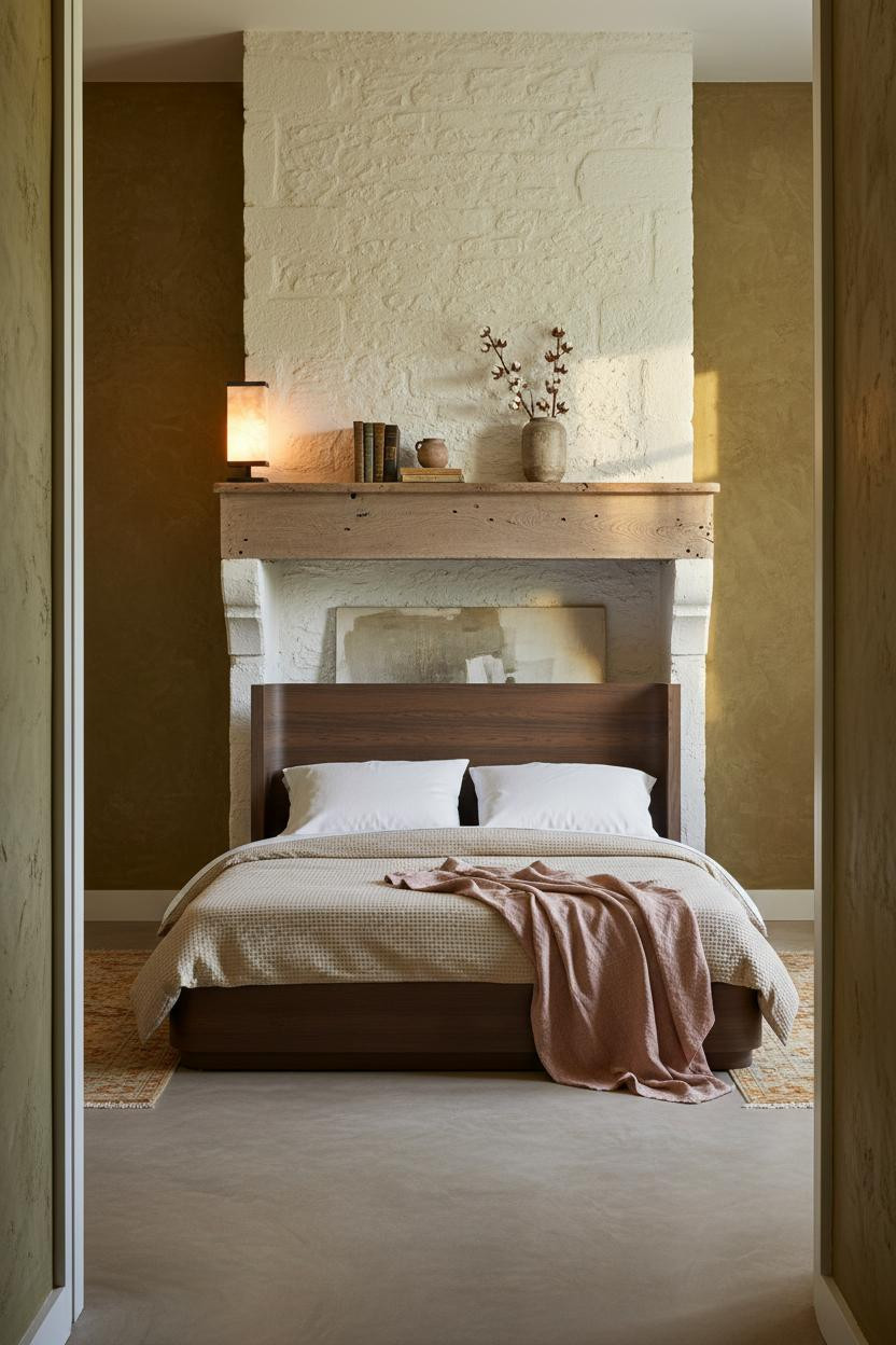 Farmhouse Bedroom Whitewashed Stone Chimney