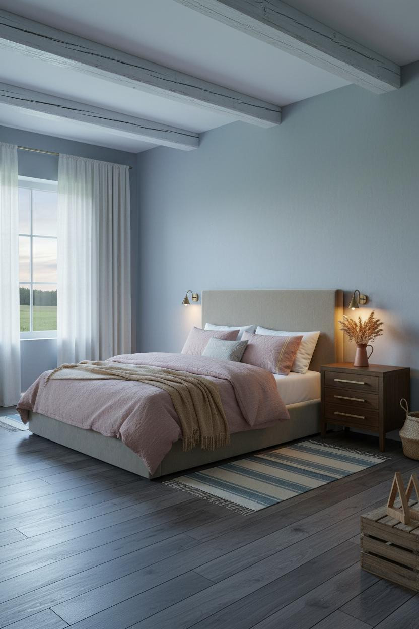 Farmhouse Bedroom Whitewashed Trusses Linen