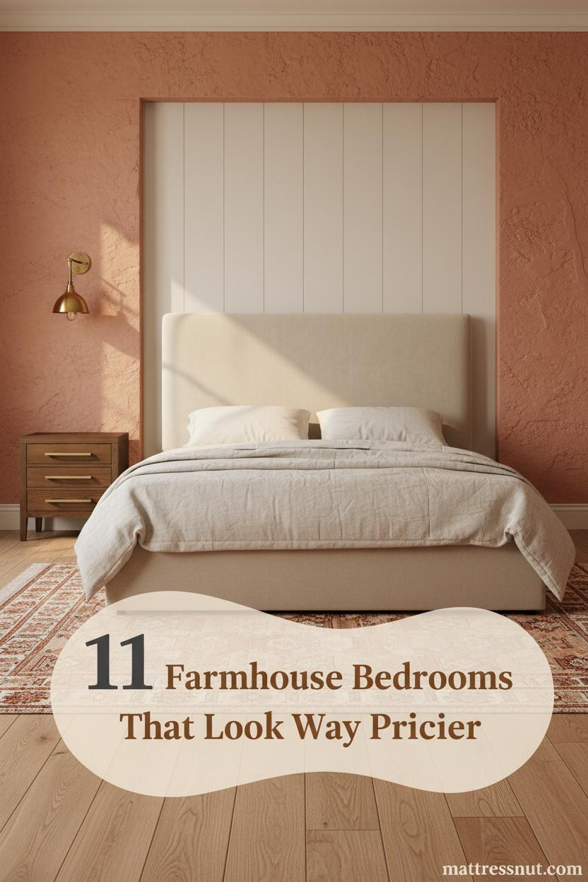 Farmhouse chic bedroom with cream board-and-batten wall, terracotta plaster, brass sconce, linen bedding, and wide-plank oak floors