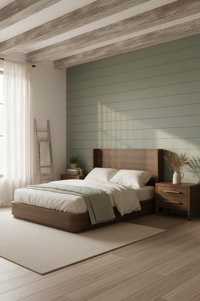 Farmhouse Chic Bedroom Sage Green Beams