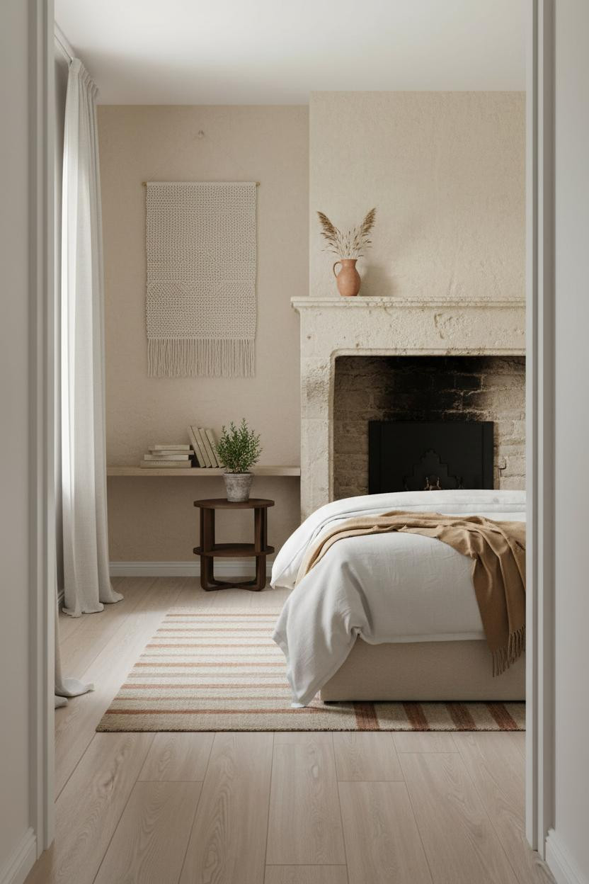 Farmhouse Chic Bedroom Stone Fireplace
