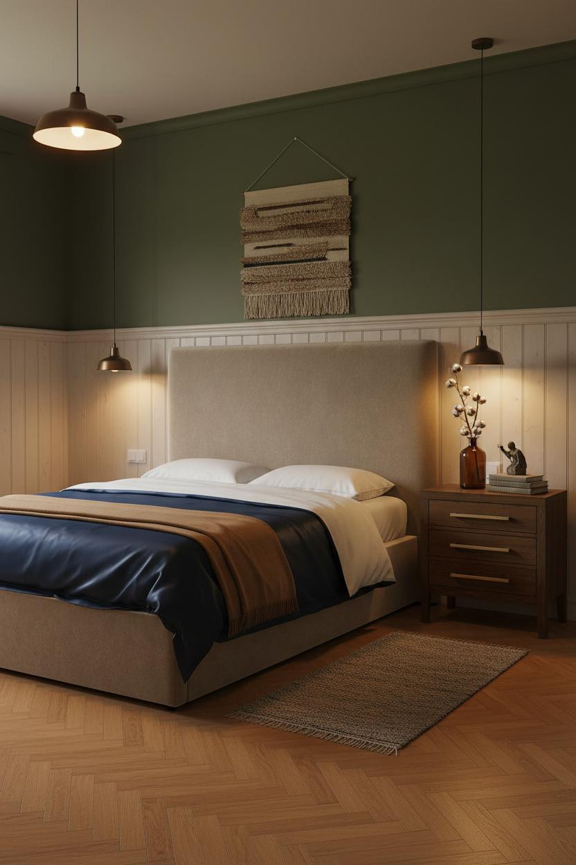 Farmhouse Chic Bedroom Wainscoting Amber Lighting