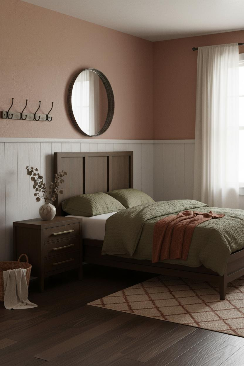 Farmhouse Chic Bedroom Whitewashed Paneling Dusty Rose