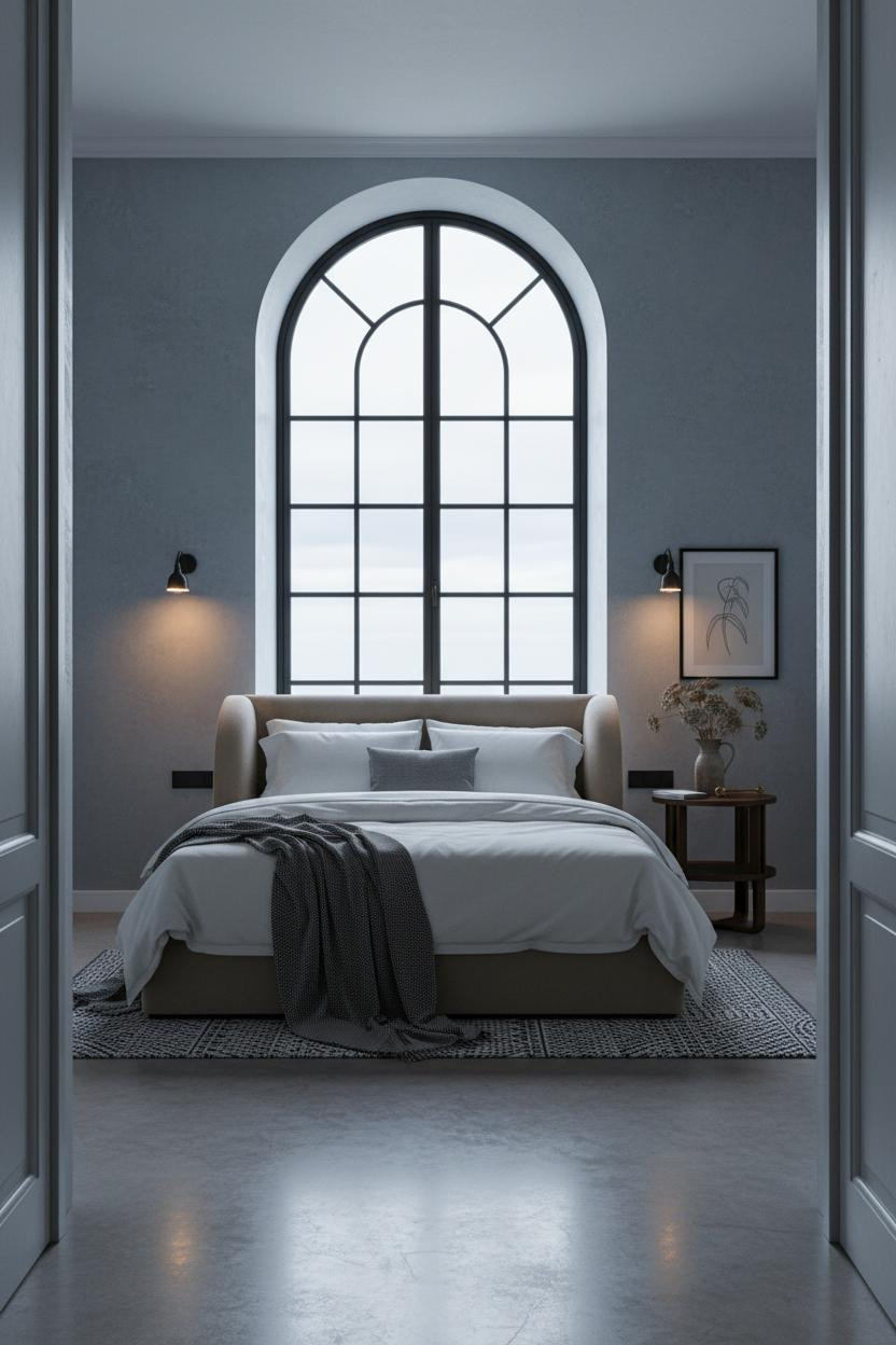 French Blue Bedroom Arched Window Denim