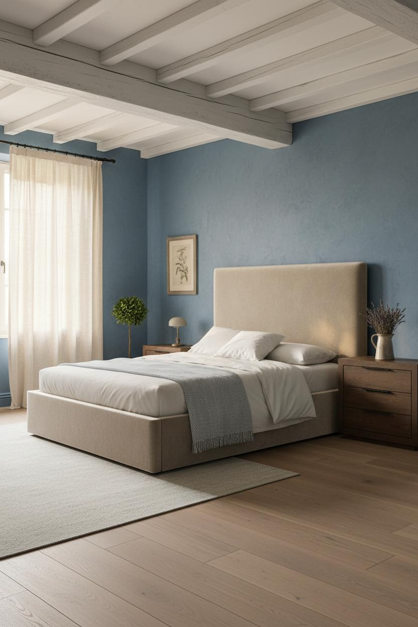 French Blue Bedroom Dusty Walls Beams