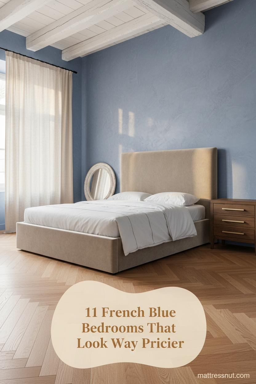 French blue bedroom with dusty periwinkle limewash plaster walls, white ceiling beams, honey oak herringbone floors, and cream linen curtains