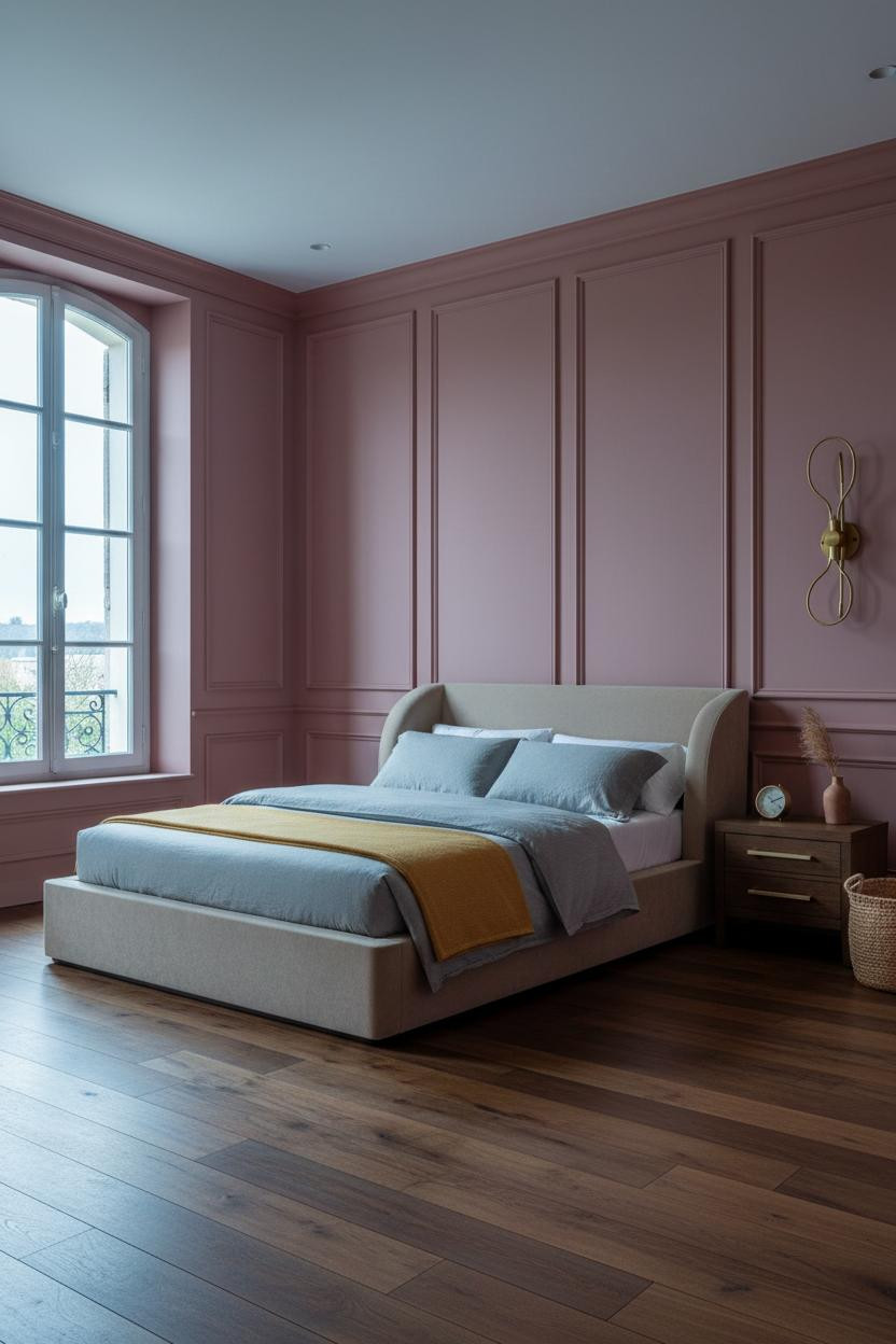 French Classic Bedroom Dusty Rose Board and Batten with Brass