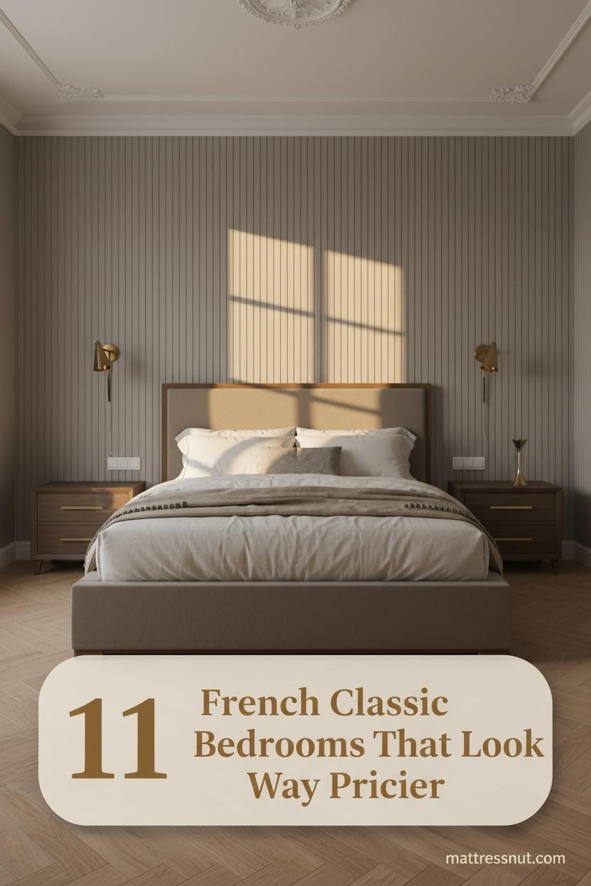 French classic bedroom with dove grey fluted plaster walls, honey oak herringbone floor, ivory linen bedding, and paired brass sconces