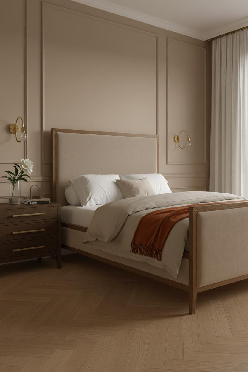 French Classic Bedroom Wainscoting with Brass Sconces