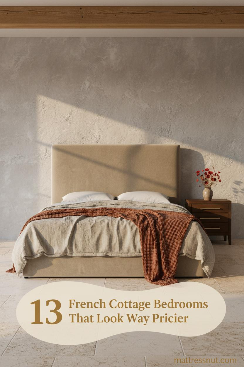 French cottage bedroom with dove-grey limewash walls, oak beam, limestone floors, oatmeal linen bedding, rust waffle throw, and dried poppies on nightstand