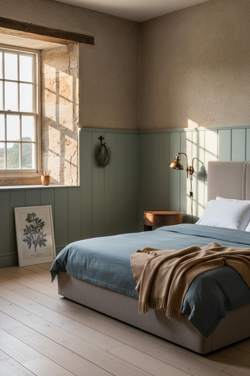 French Cottage Bedroom Sage Wainscoting Vintage