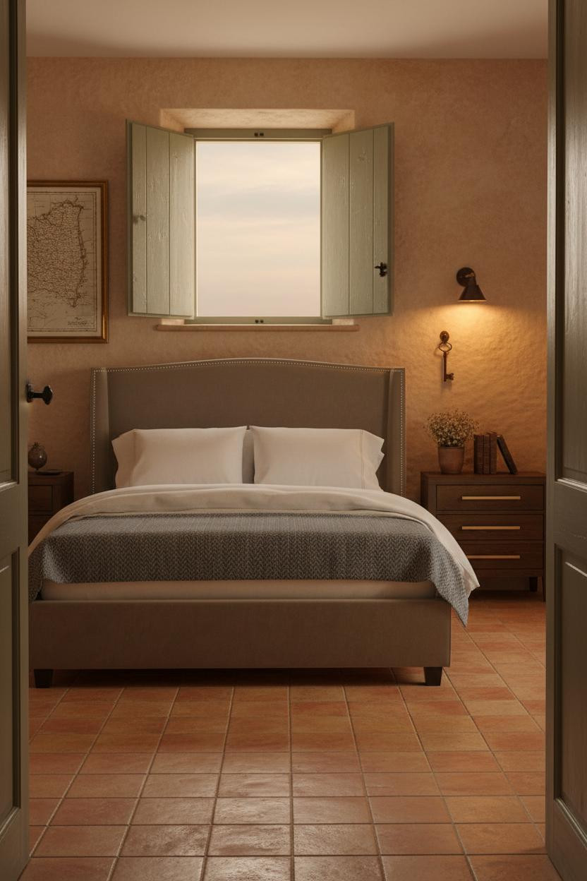 French Cottage Bedroom Sage Shutters Terracotta Tiles