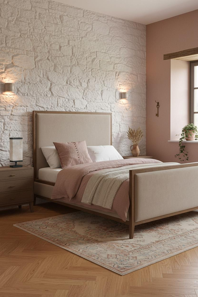 French Cottage Bedroom Whitewashed Stone Accent Wall