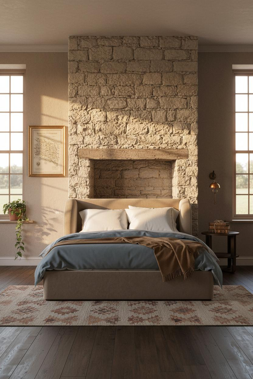 French Cottage Bedroom Vintage Stone Chimney