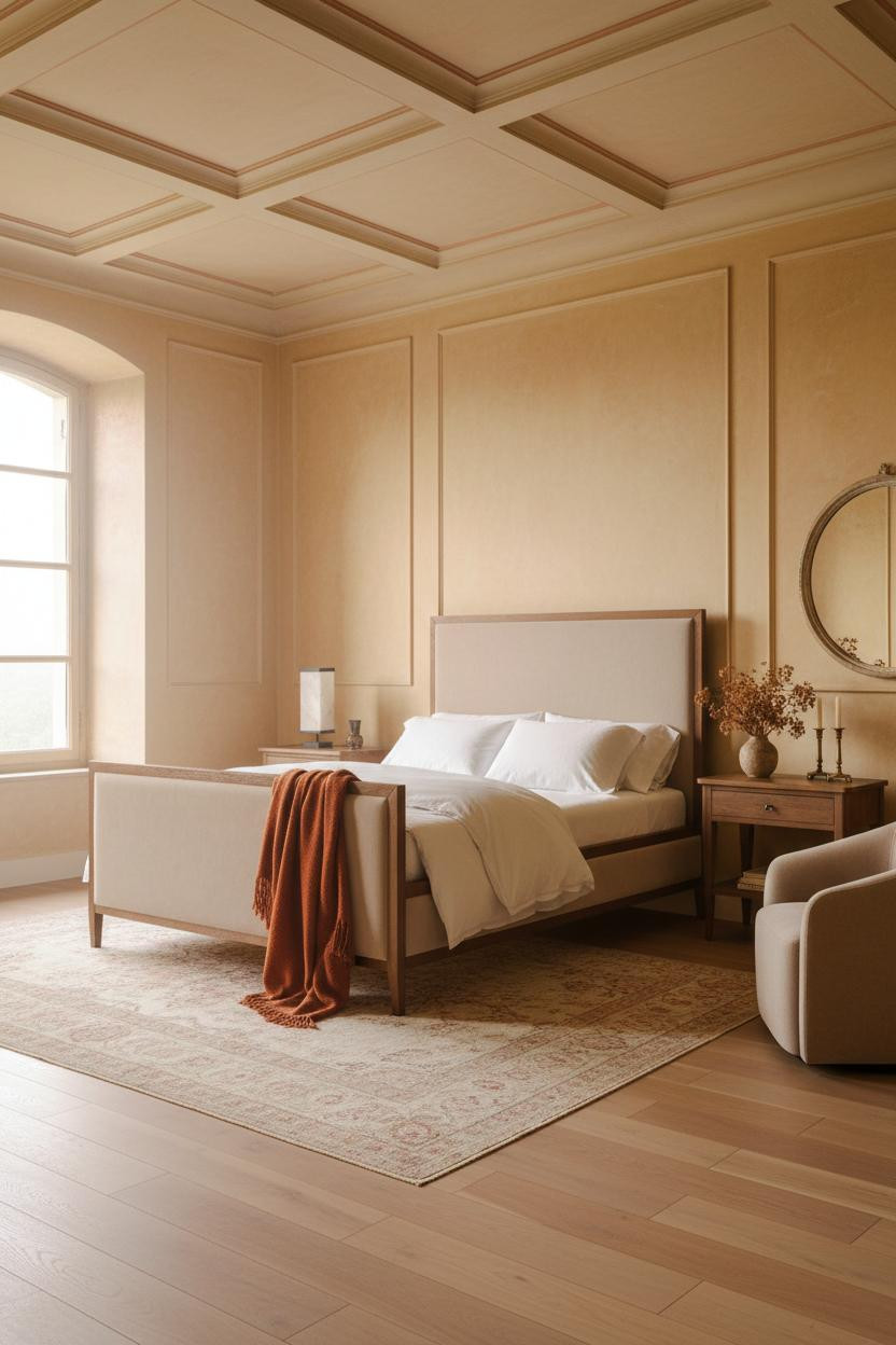 French Country Bedroom Coffered Ceiling Antique Brass