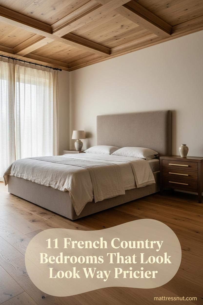 French country bedroom with coffered timber ceiling, cream linen bedding, reclaimed oak floors, warm ivory plaster walls, and soft afternoon light