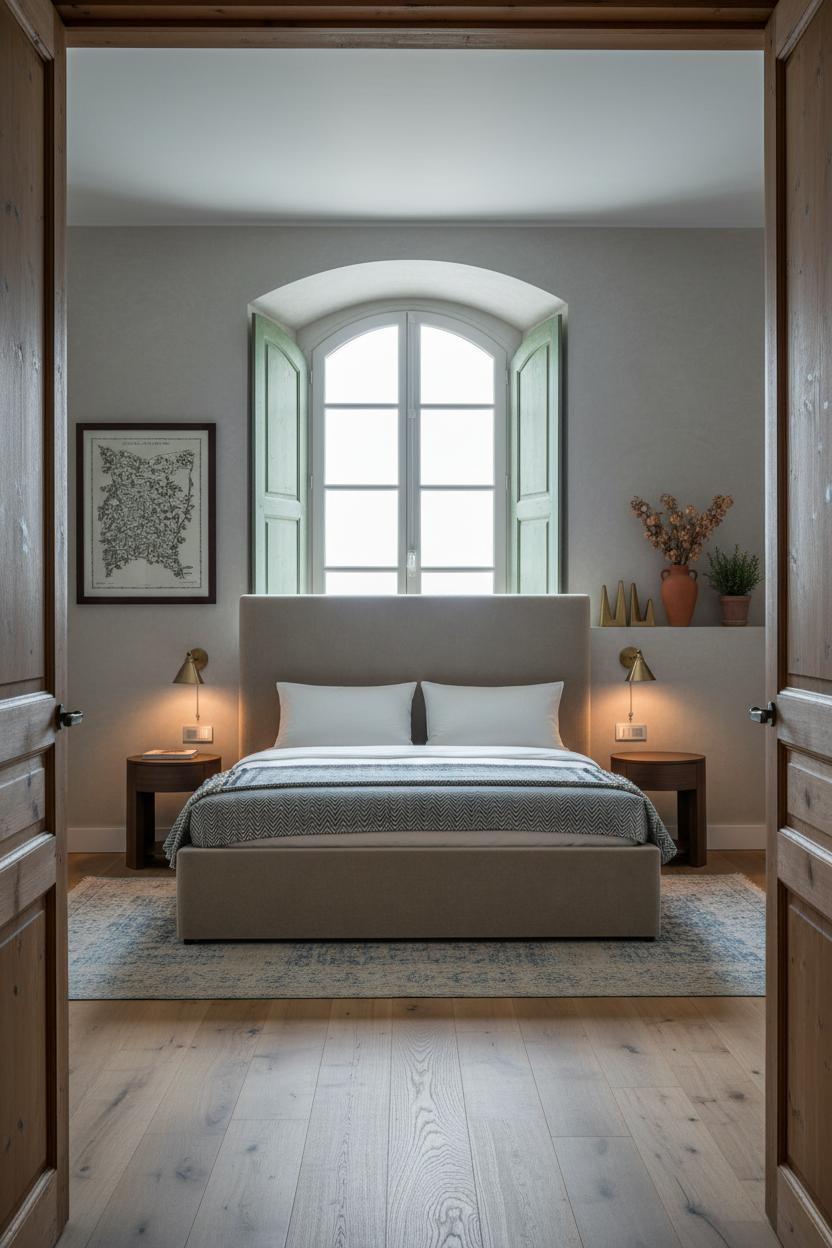 French Country Bedroom Sage Shutters Arched Window