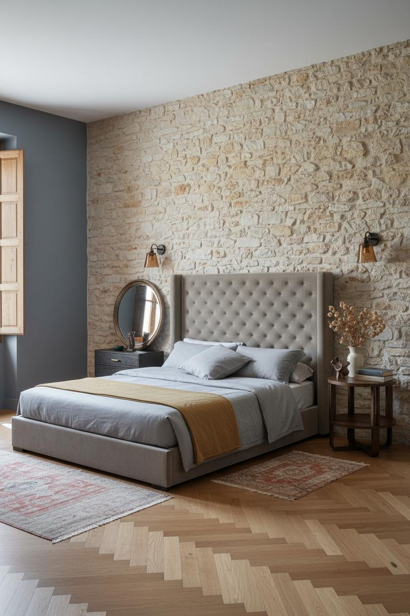 French Country Bedroom Stone Accent Wall