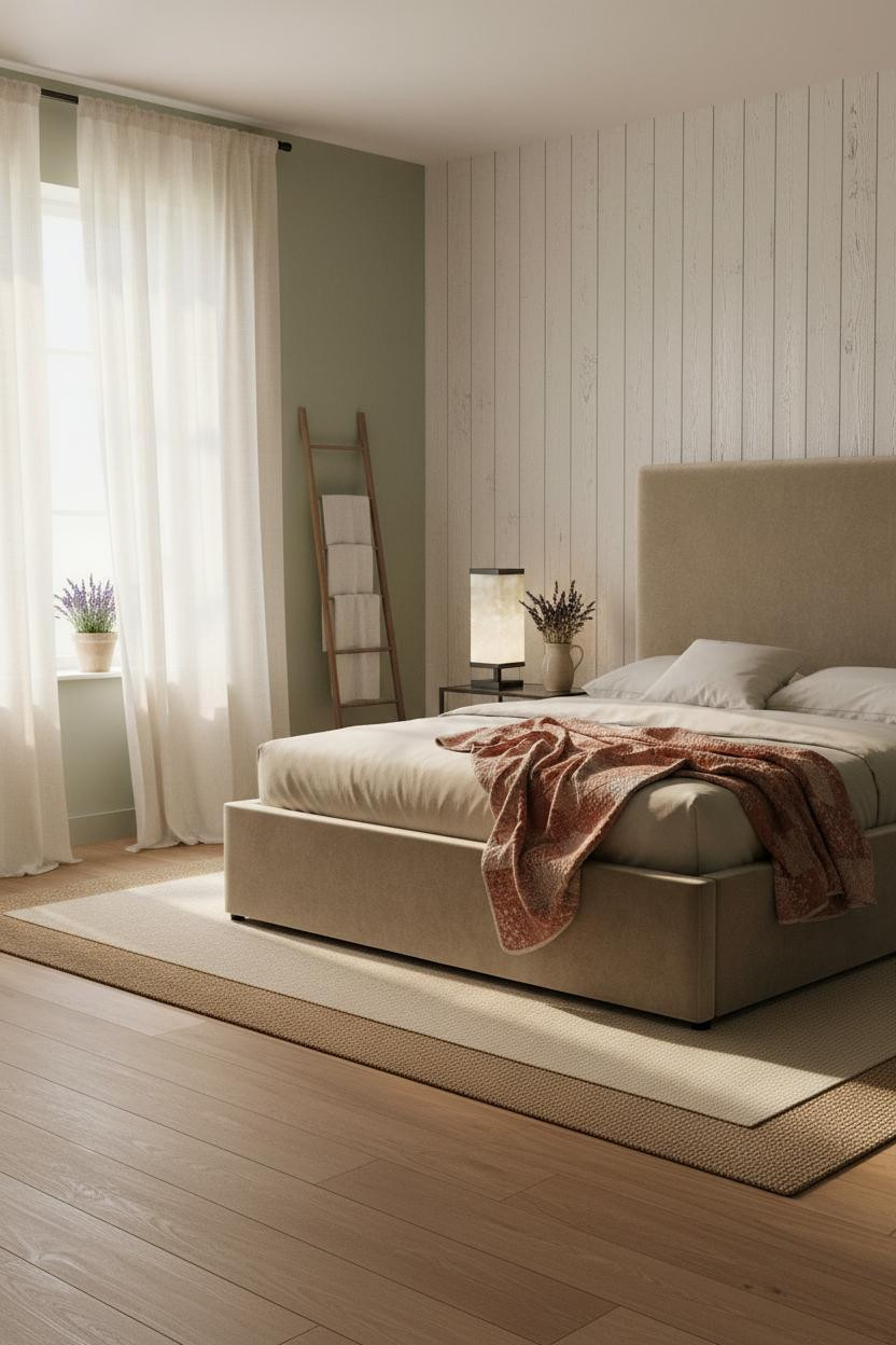 French Country Bedroom Whitewashed Shiplap Morning Light