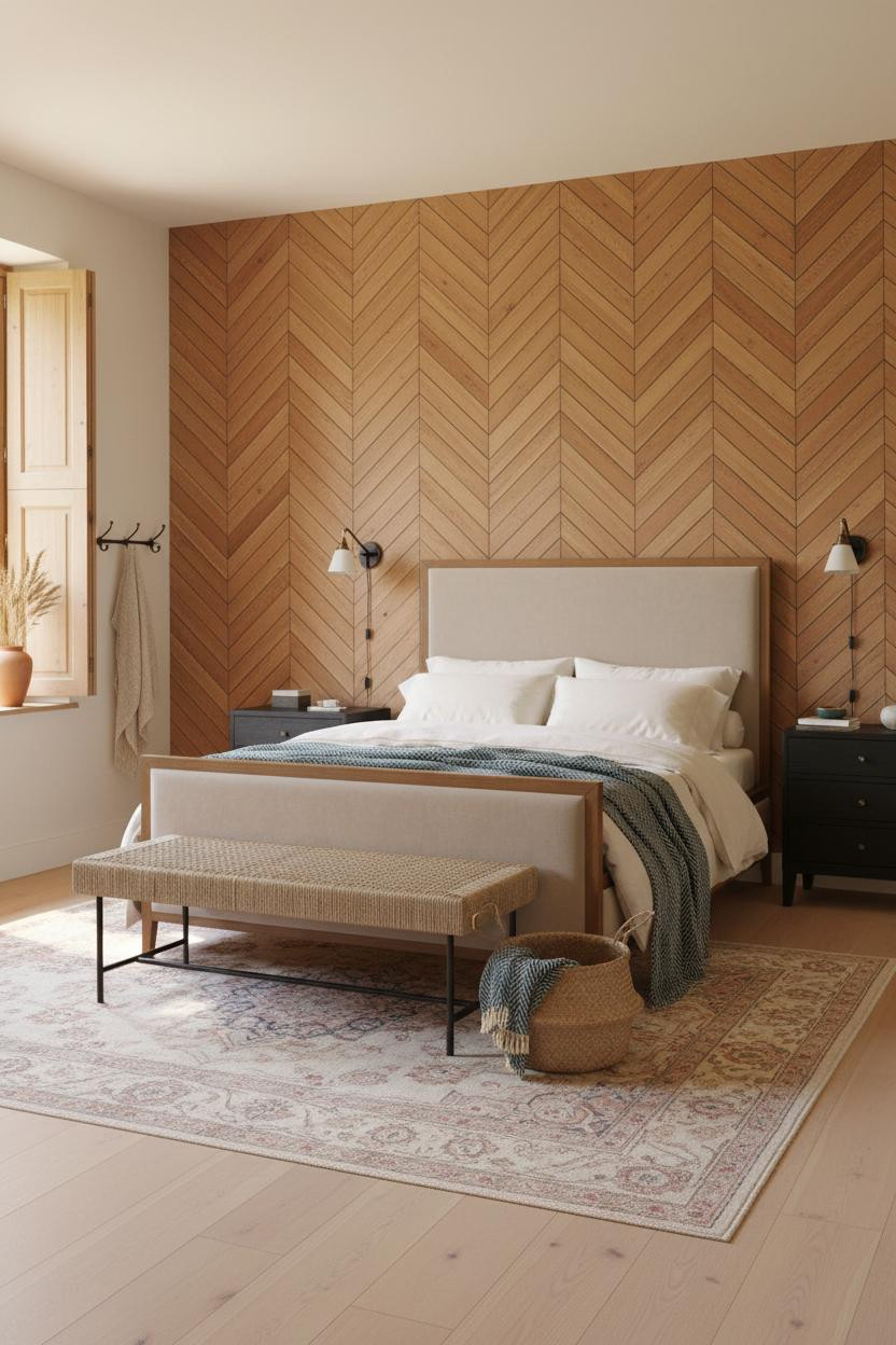 French Countryside Bedroom Herringbone Headwall