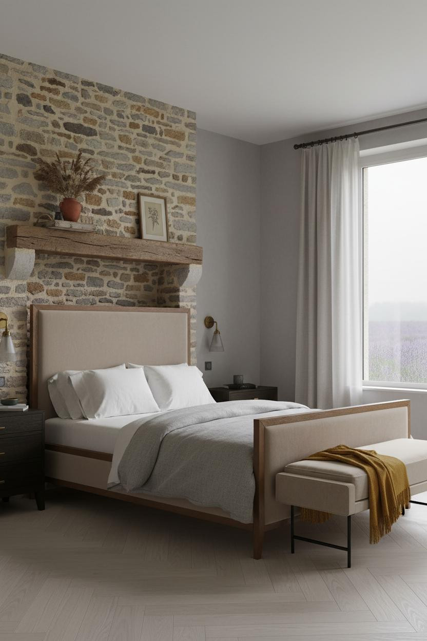 French Countryside Bedroom Stone Chimney Linen