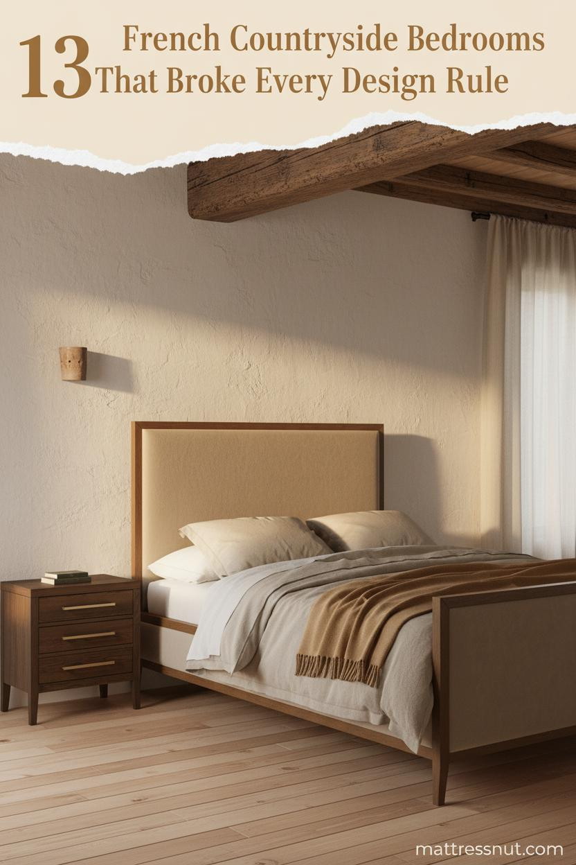 French countryside bedroom with limewash plaster walls, aged ceiling beam, honey-pine floors, linen curtains, and layered oatmeal cotton bedding