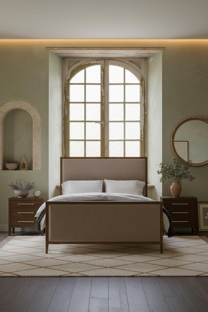 French Farmhouse Bedroom Shabby Chic Arched Doors Sage Walls