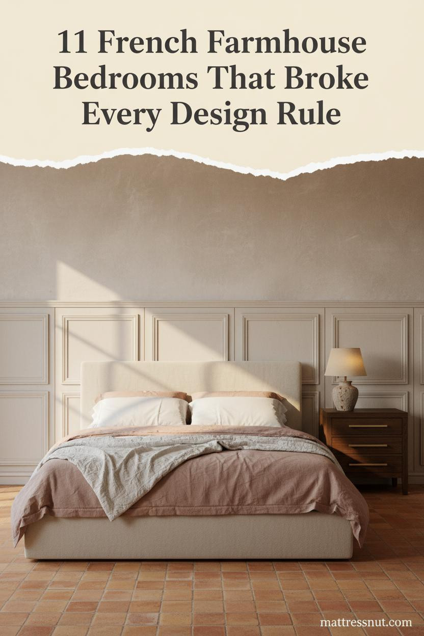 French farmhouse bedroom with chalky white wainscoting, terracotta tile floors, layered cream and dusty rose linen bedding, and warm afternoon light