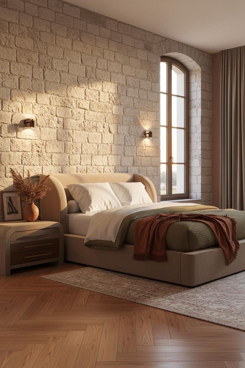 French Farmhouse Bedroom Stone Accent Wall