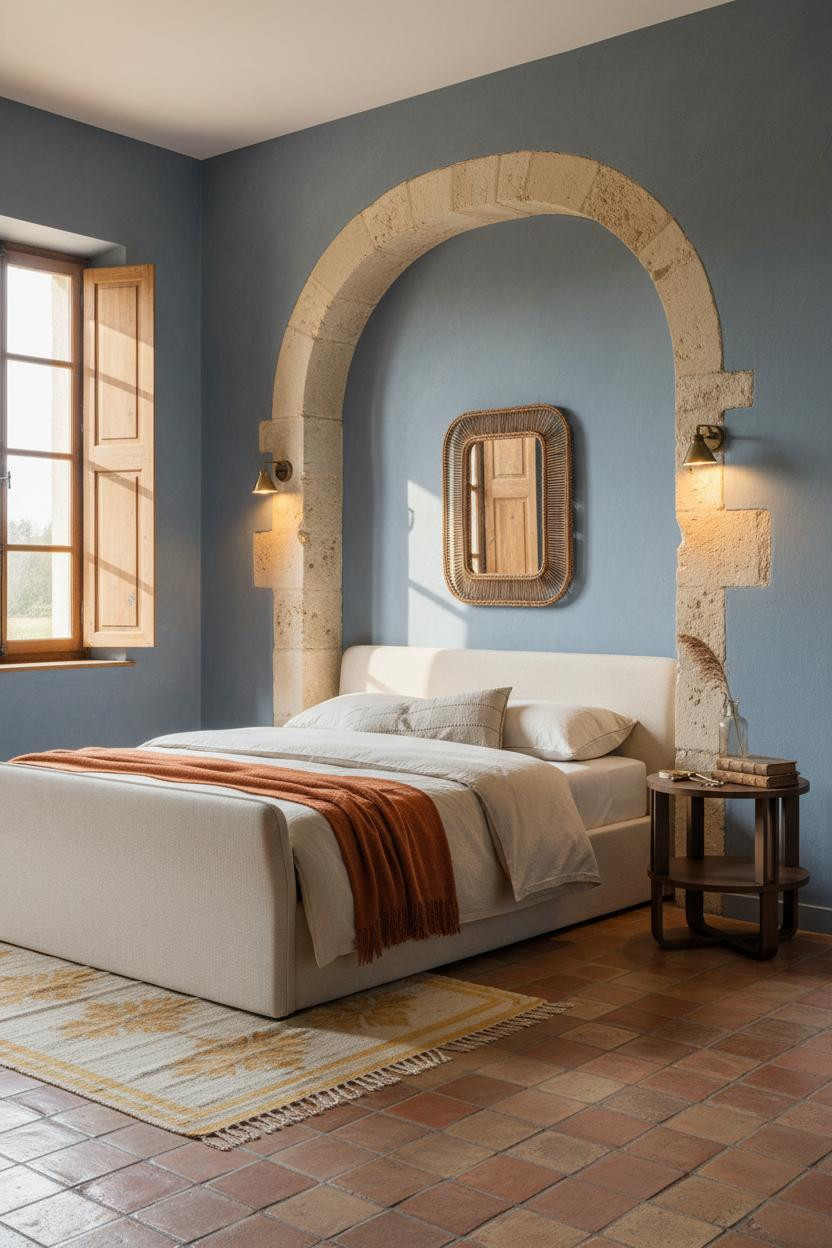 French Farmhouse Bedroom Stone Alcove Shutters