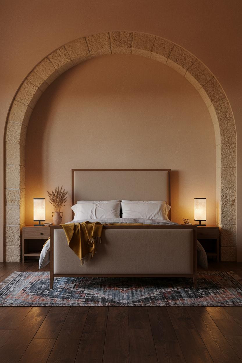 French Farmhouse Bedroom Stone Niche With Arch Lamp