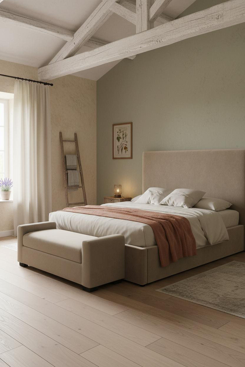 French Farmhouse Bedroom Romantic Cottage Whitewashed Beams Sage