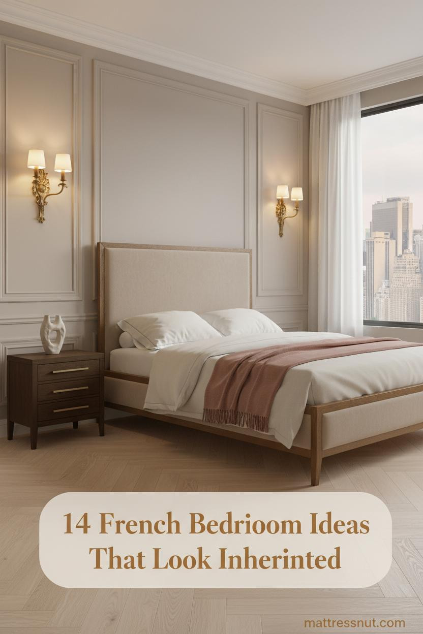 French inspired bedroom with aged cream boiserie walls, dove grey accents, herringbone parquet floors, brass sconces, and ivory linen bedding