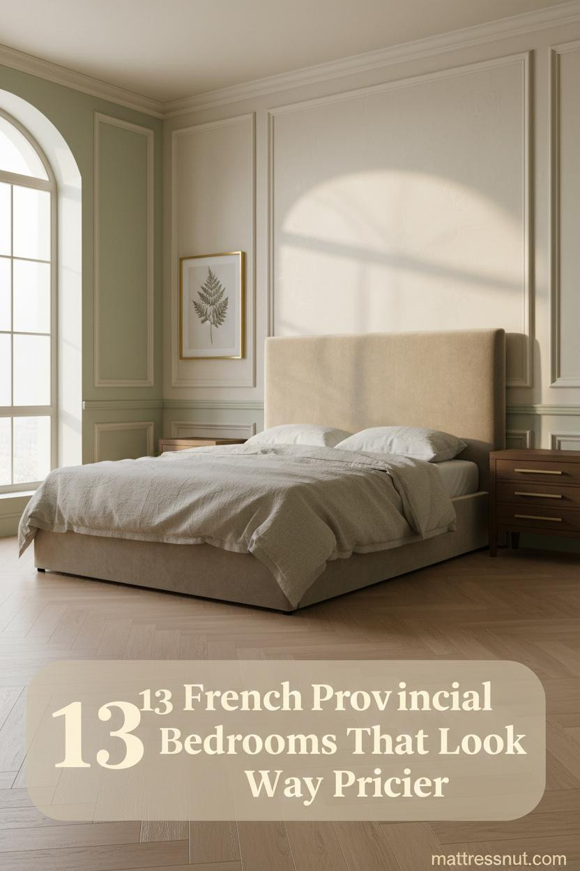 French provincial bedroom with sage limewash walls, cream plaster molding, herringbone parquet floors, oatmeal linen bedding, and gilt botanical art