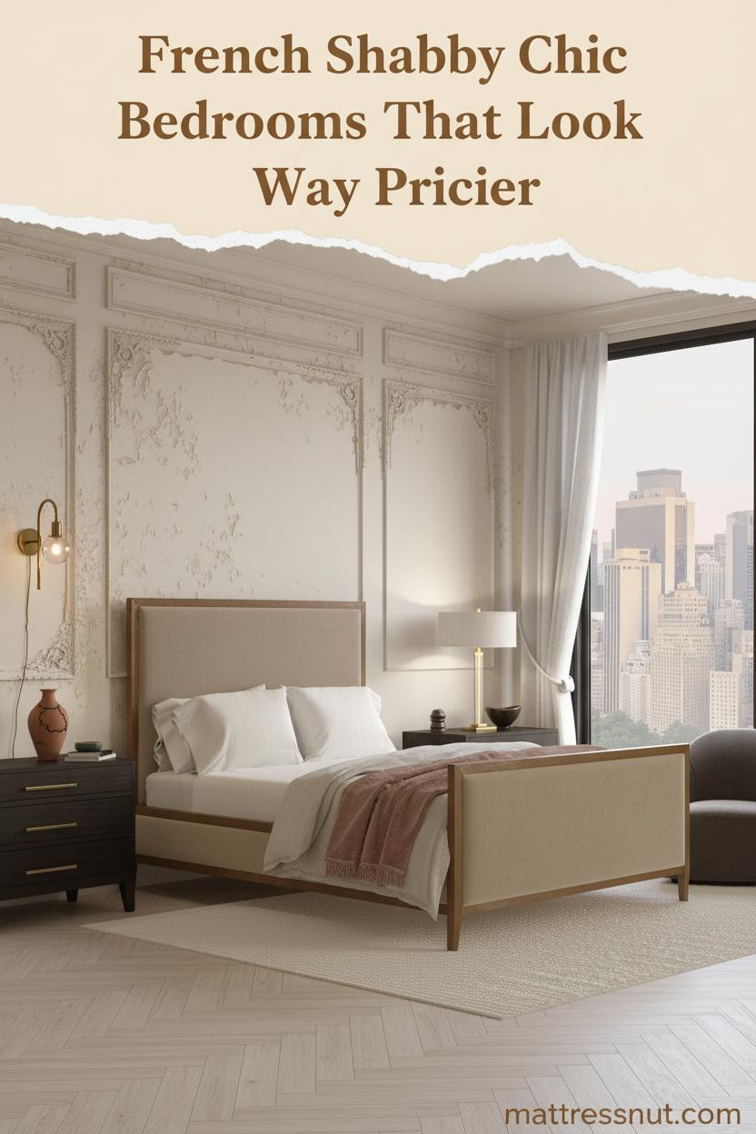French shabby chic bedroom with ivory wainscoting, herringbone parquet floors, oatmeal linen bedding, faded rose velvet throw, and warm brass sconce lighting