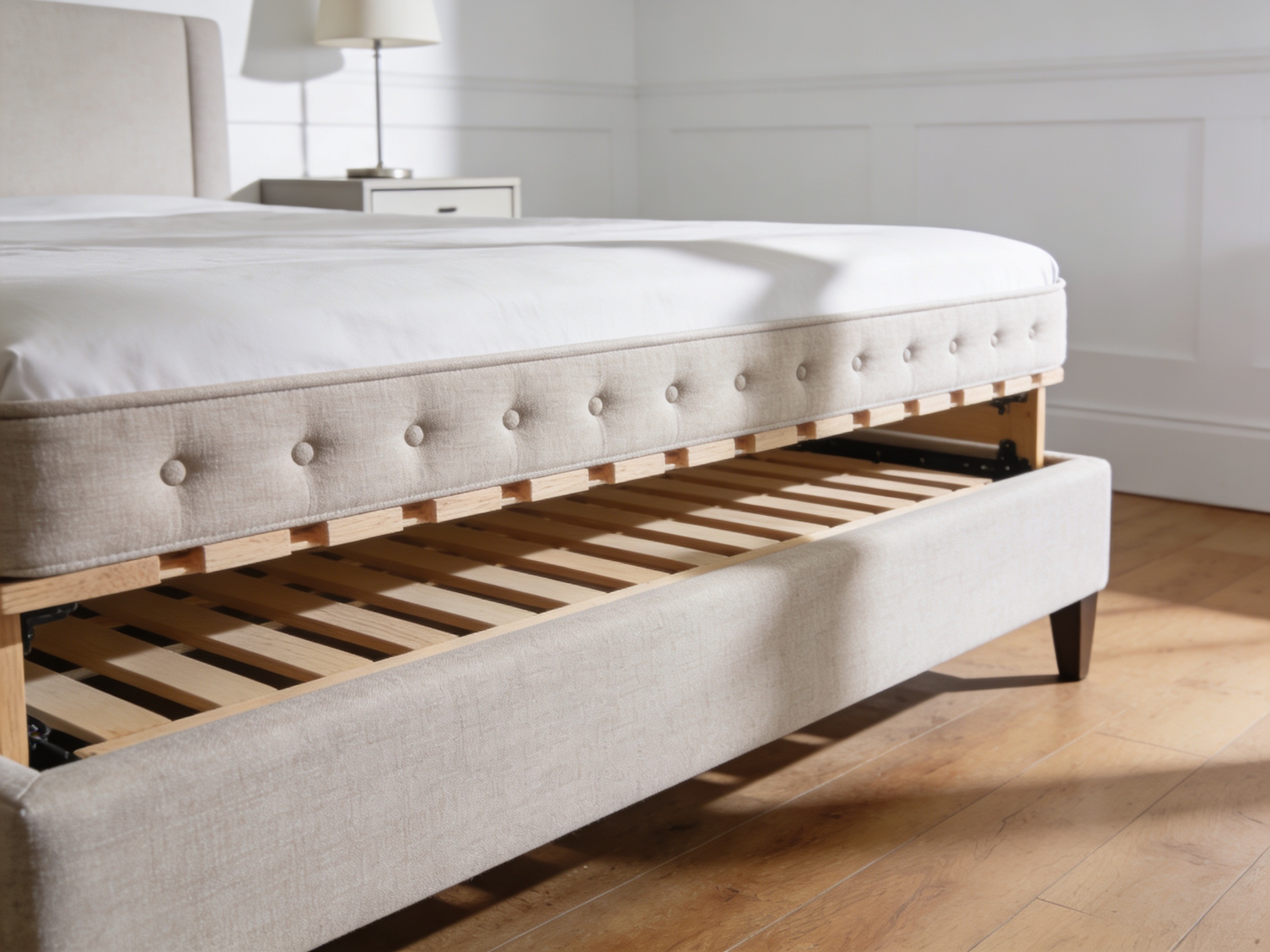Full size box spring foundation under mattress in clean bedroom, side view
